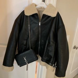 Leather baker teddy jacket in black